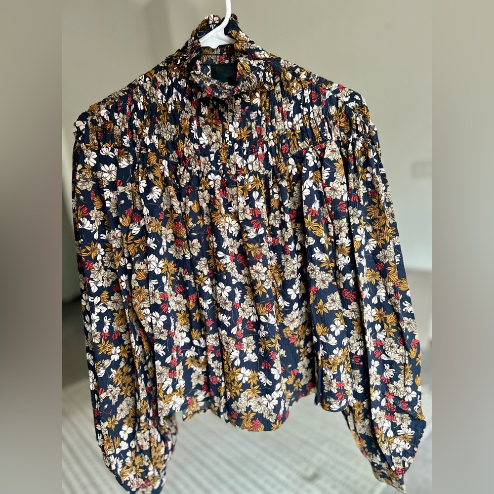 Mock Neck Flowy Floral Women's Long Sleeve Blouse